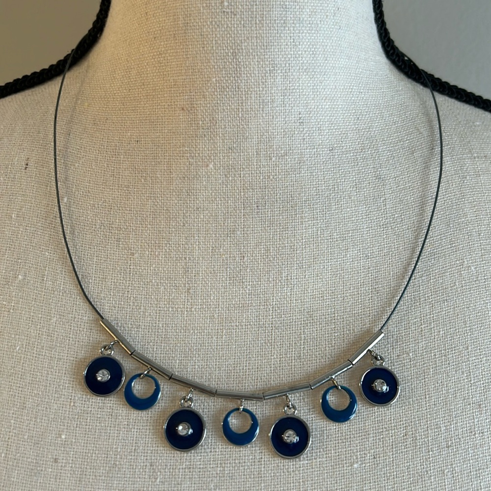 Silver Tone Blue & Rhinestone Charm Necklace